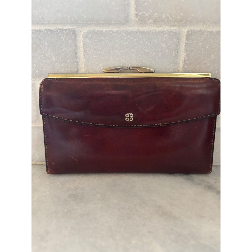 Vintage Bosca Burgundy Leather Kiss Lock Clutch Wallet Oxblood Gold Tone Frame